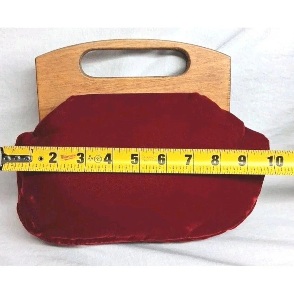 Vintage 70s Clutch Wood Handle Purse Velvet Boho Mid Century - Modern Minimalist